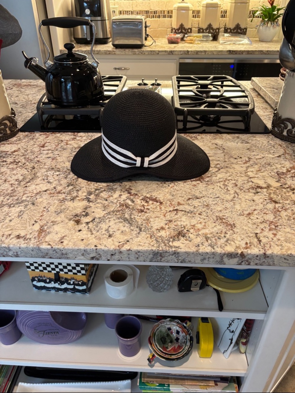 Black Straw Sun Hat with White Ribbon Accent